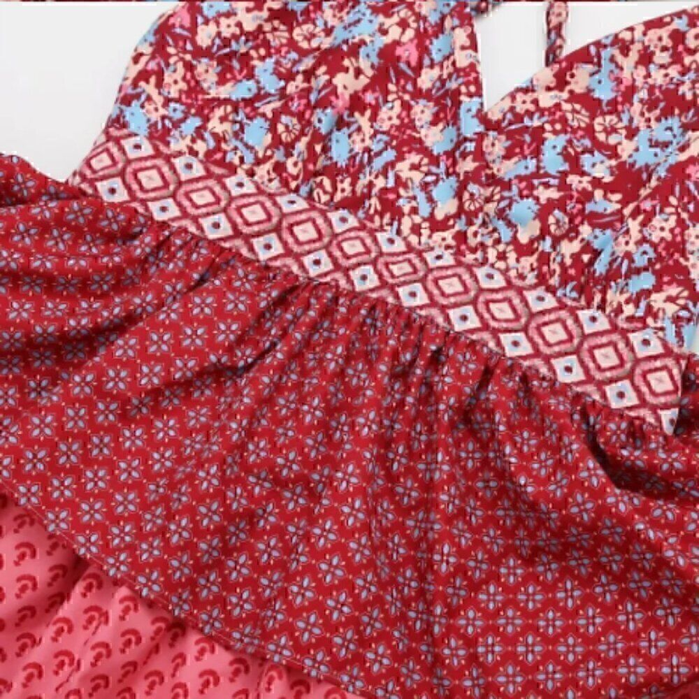 Floral Burgundy Crossback Strap Plunge Tier Ruffle Layer Vintage Maxi Dress L - Picture 6 of 16